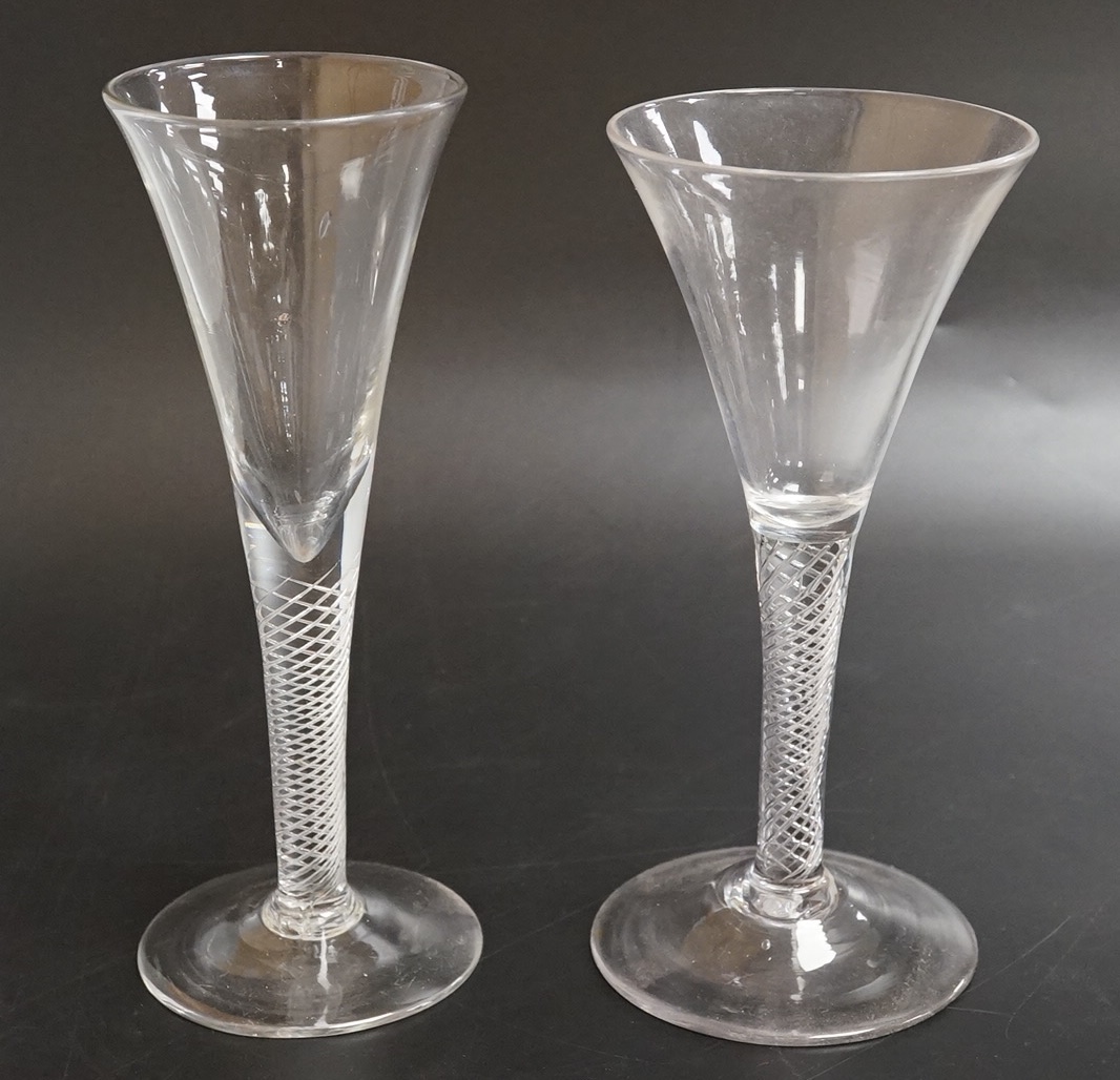 Two air twist stem funnel bowl wine glasses, c.1745, tallest 18.5cm high